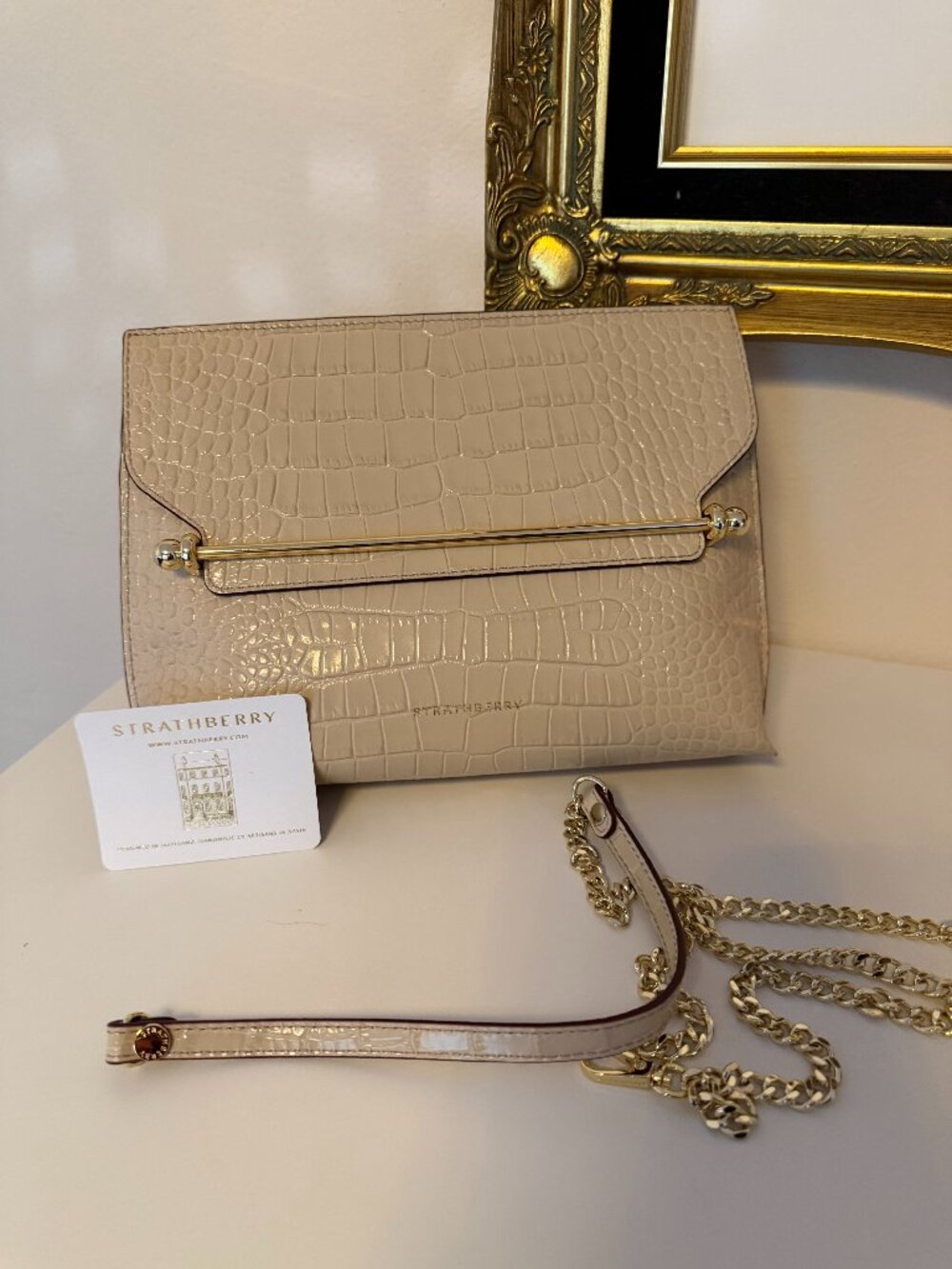 Strathberry Stylist Bag in Cream Croc-Embossed Leather